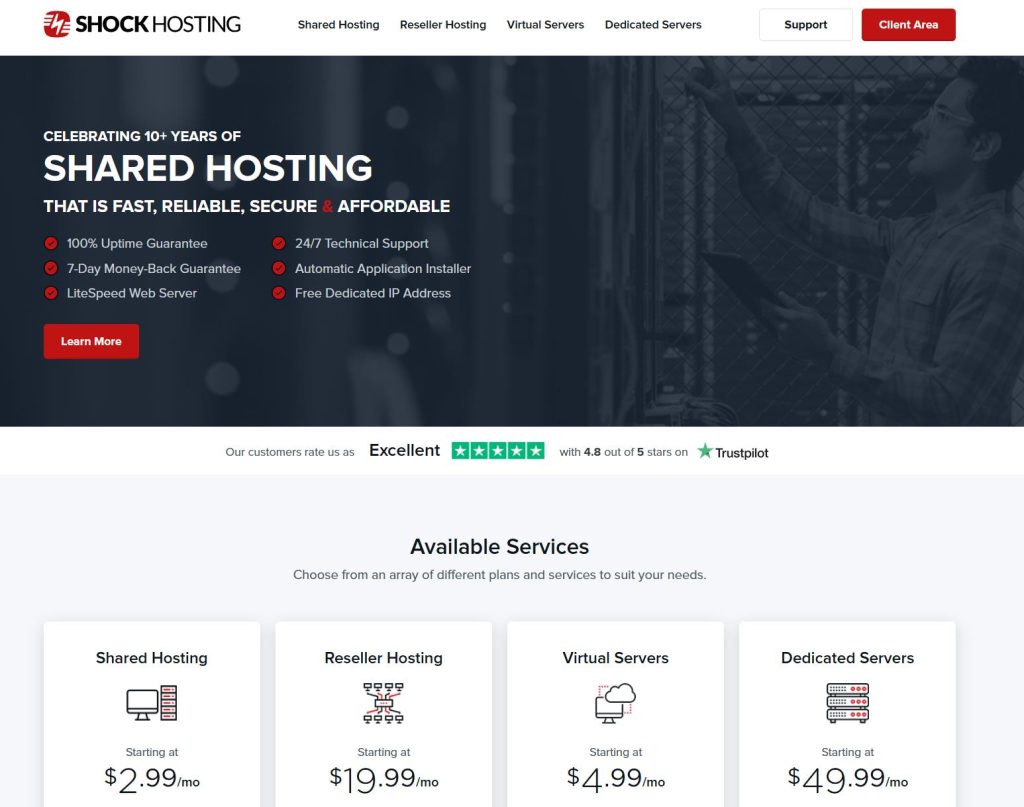 shock hosting homepage